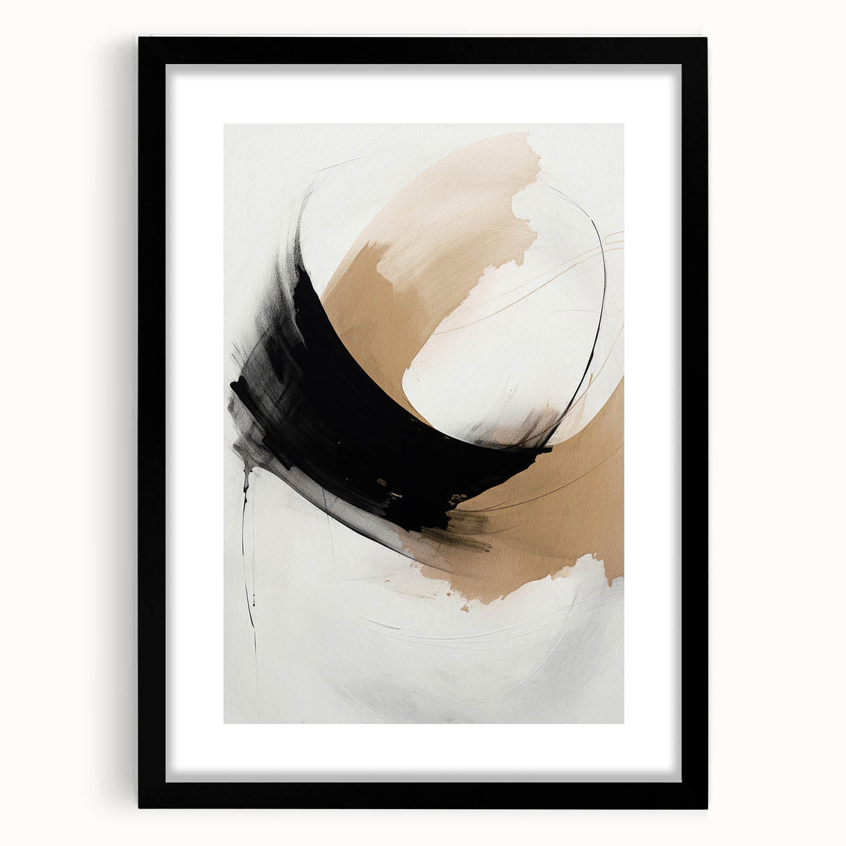 Abstract modern wall art collection featuring a black-framed piece with a mat, showcasing intricate geometric designs. Ideal for contemporary home decor.