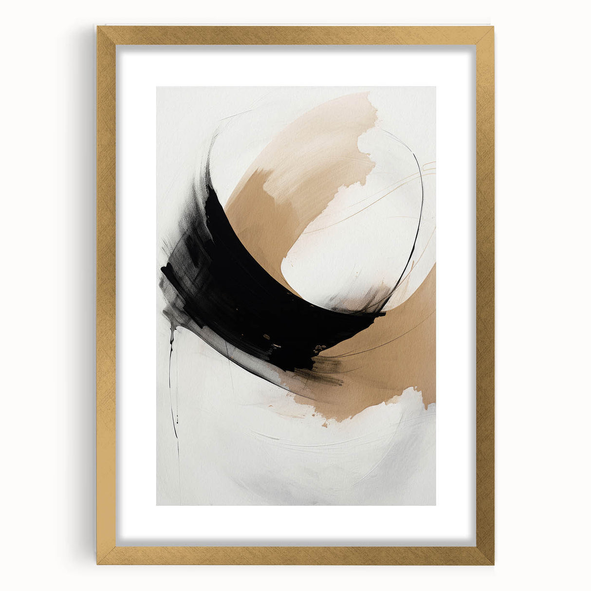 Abstract modern wall art collection featuring a gold-framed piece with a white mat, showcasing geometric patterns and vibrant colors, ideal for contemporary decor.