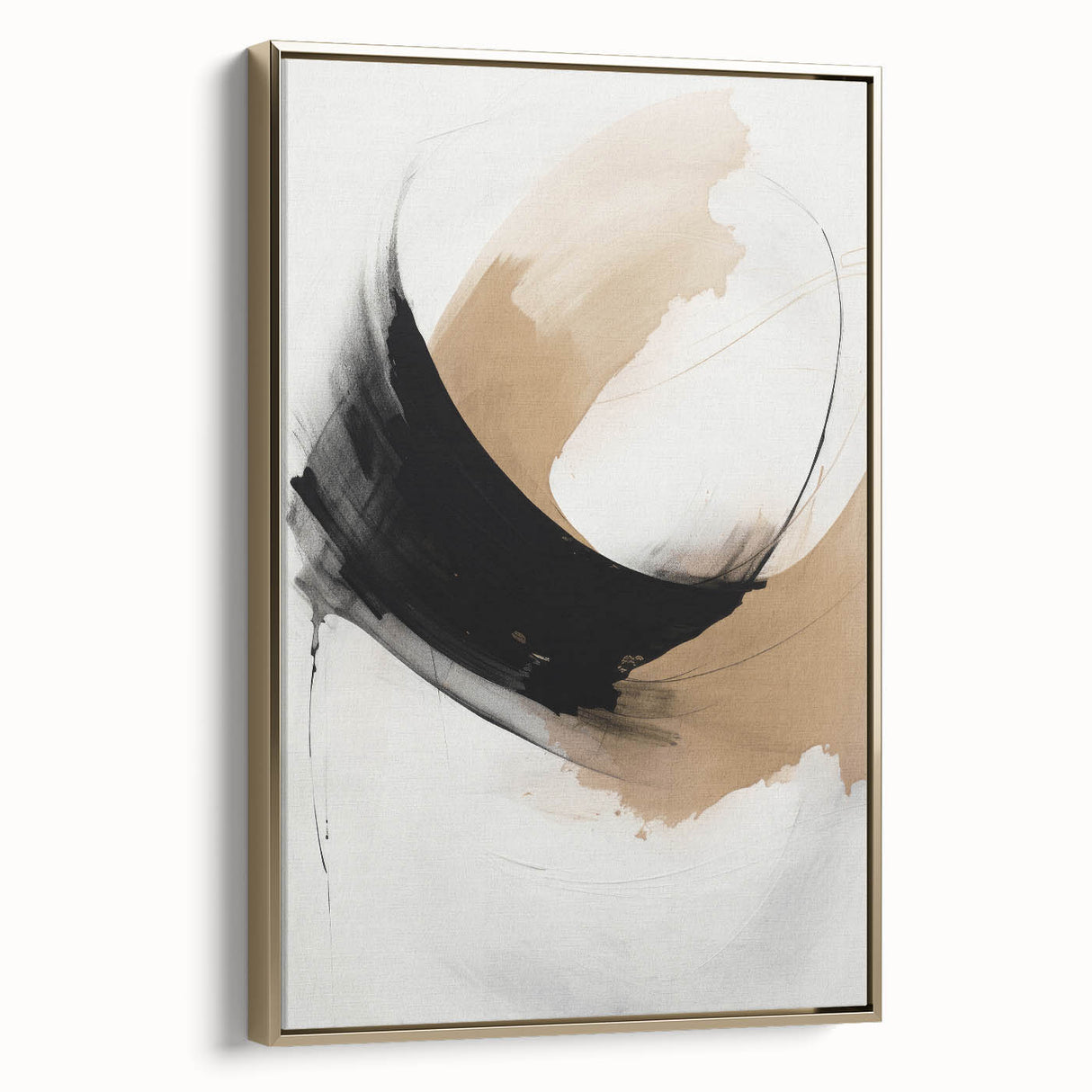Abstract modern wall art collection featuring a framed canvas with gold accents, showcasing a contemporary design. The artwork is displayed in a stylish setting, highlighting its vibrant colors and elegant aesthetic.