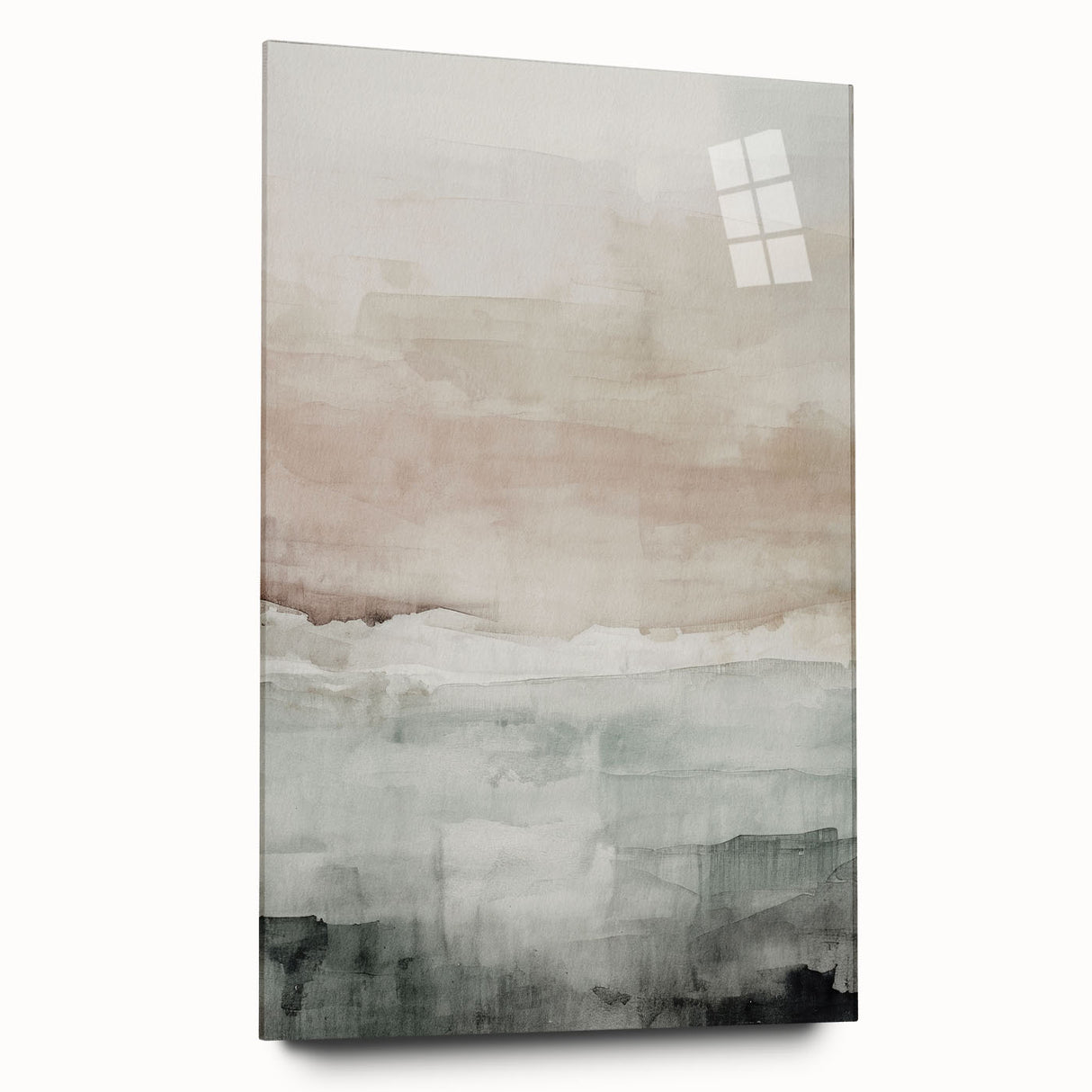 Abstract modern wall art collection displayed in acrylic glass, showcasing vibrant colors and geometric shapes in a side view without pins.