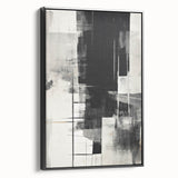 Framed abstract modern wall art design showcasing geometric patterns in black and white, viewed from the side, perfect for contemporary home decor.