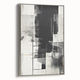 Framed abstract modern wall art featuring a silver color palette, showcasing geometric shapes and fluid lines, ideal for contemporary home decor.