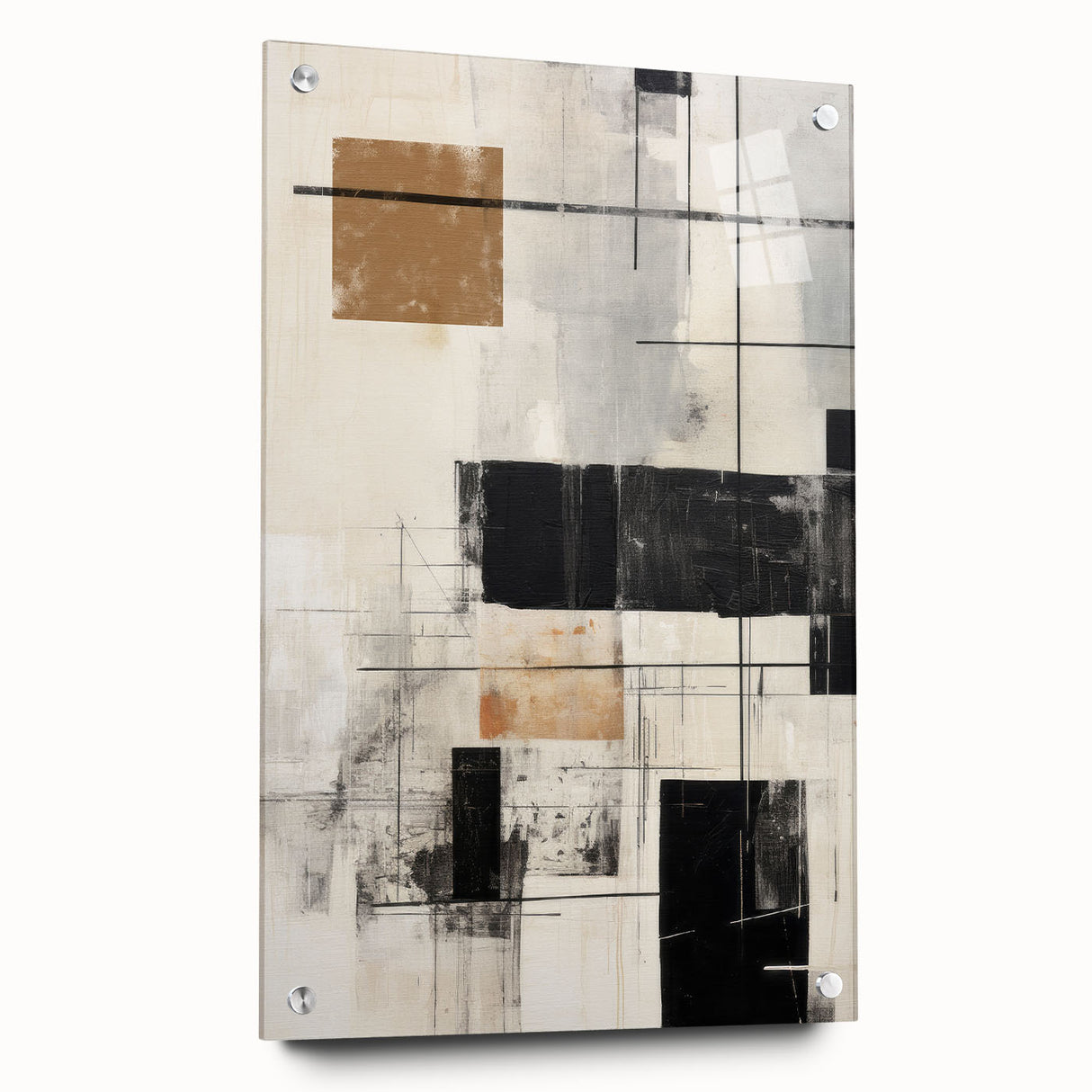 Abstract modern wall art collection displayed in a side view, showcasing vibrant colors and intricate designs, framed with acrylic glass and secured with pins, perfect for contemporary home decor.