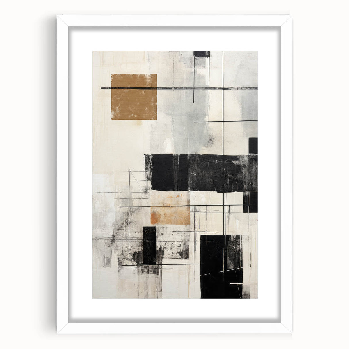 Abstract modern wall art collection framed with a white mat, showcasing geometric shapes in vibrant colors, ideal for contemporary home decor.