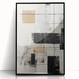 Framed abstract modern wall art in black, showcasing geometric patterns and vibrant colors, perfect for contemporary home decor. Ideal for living rooms or offices.