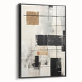 Framed abstract modern wall art design showcasing bold black and white geometric patterns, displayed from a side view, perfect for contemporary home decor.