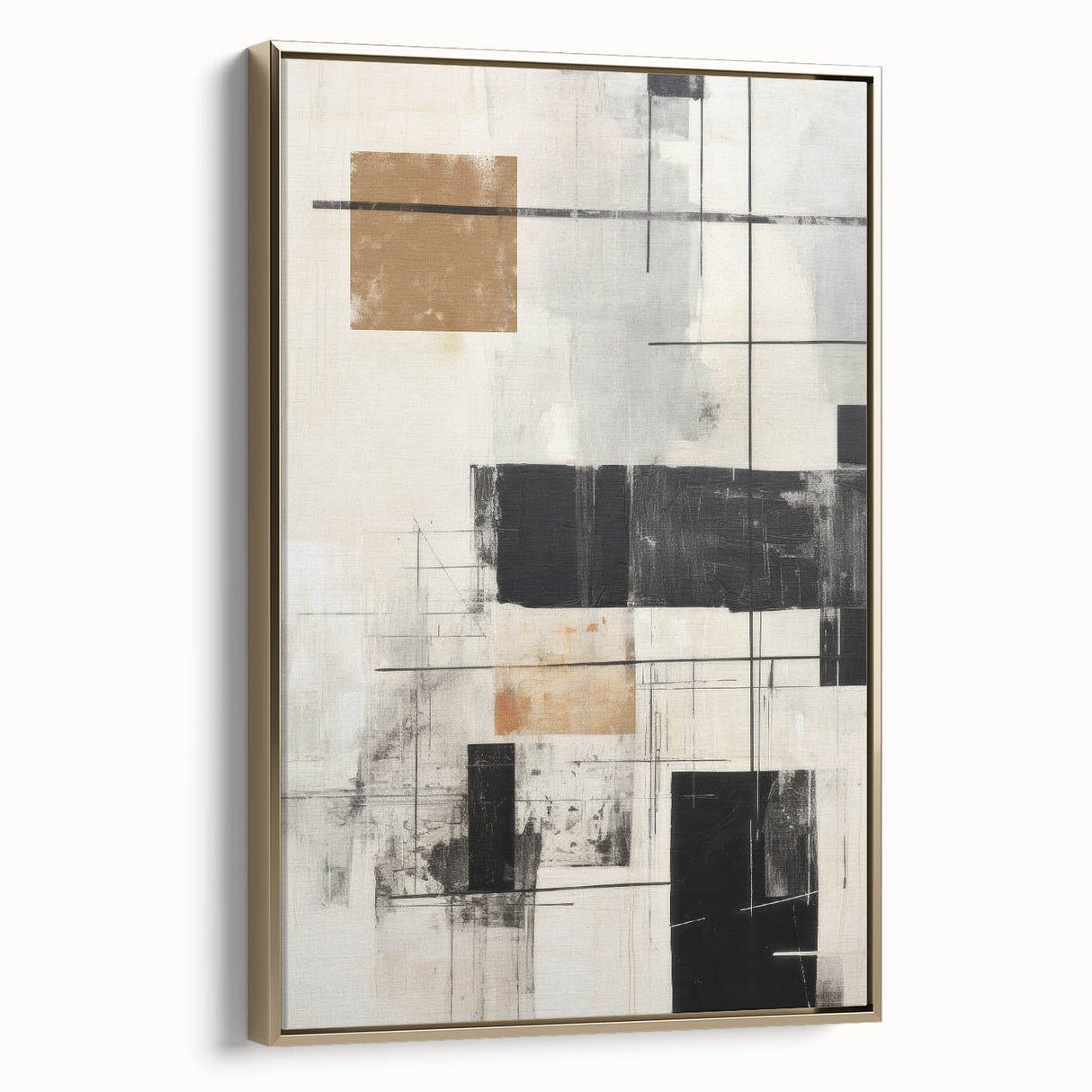 Framed abstract modern wall art collection showcasing elegant gold tones and contemporary design, displayed in a chic side view setting, ideal for home decor.