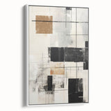 Framed abstract modern wall art featuring a vibrant design with bold colors, displayed in a sleek white frame, enhancing contemporary interior decor.