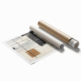 Abstract modern wall art print showcasing vibrant geometric shapes in bold colors, elegantly rolled for easy transport and display, ideal for contemporary decor.