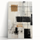 Abstract modern design wall art collection on stretched canvas, featuring vibrant colors and geometric patterns, leaning against a neutral wall for a contemporary decor accent.