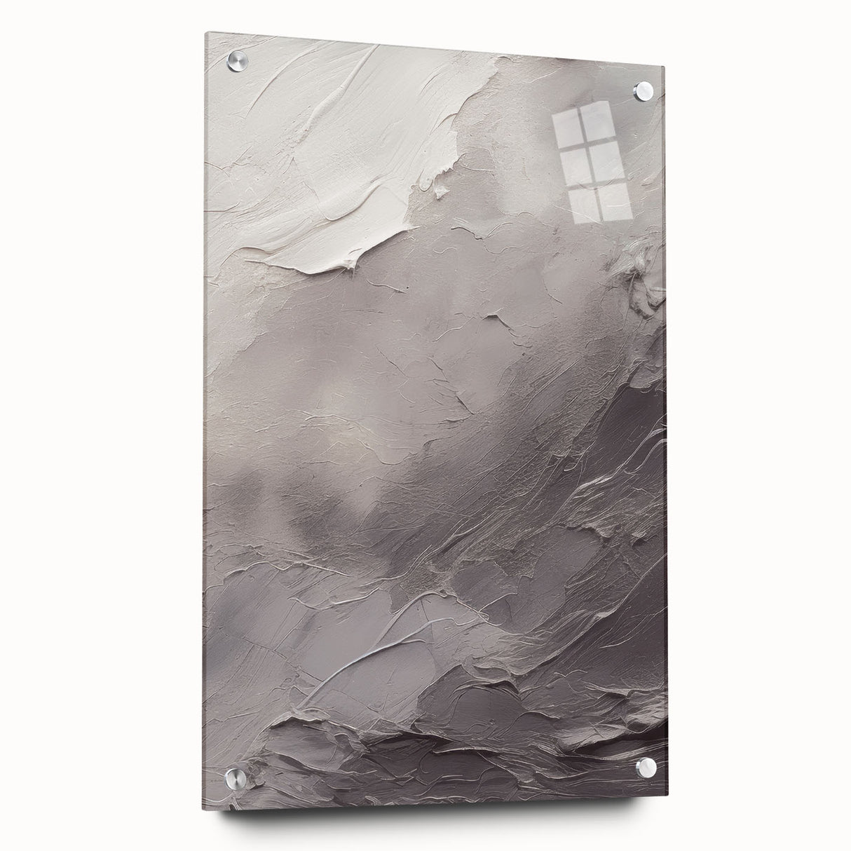 Abstract modern wall art design featuring a vibrant acrylic glass collection with unique geometric patterns, showcased from a side view, highlighting its sleek pins and contemporary aesthetic.