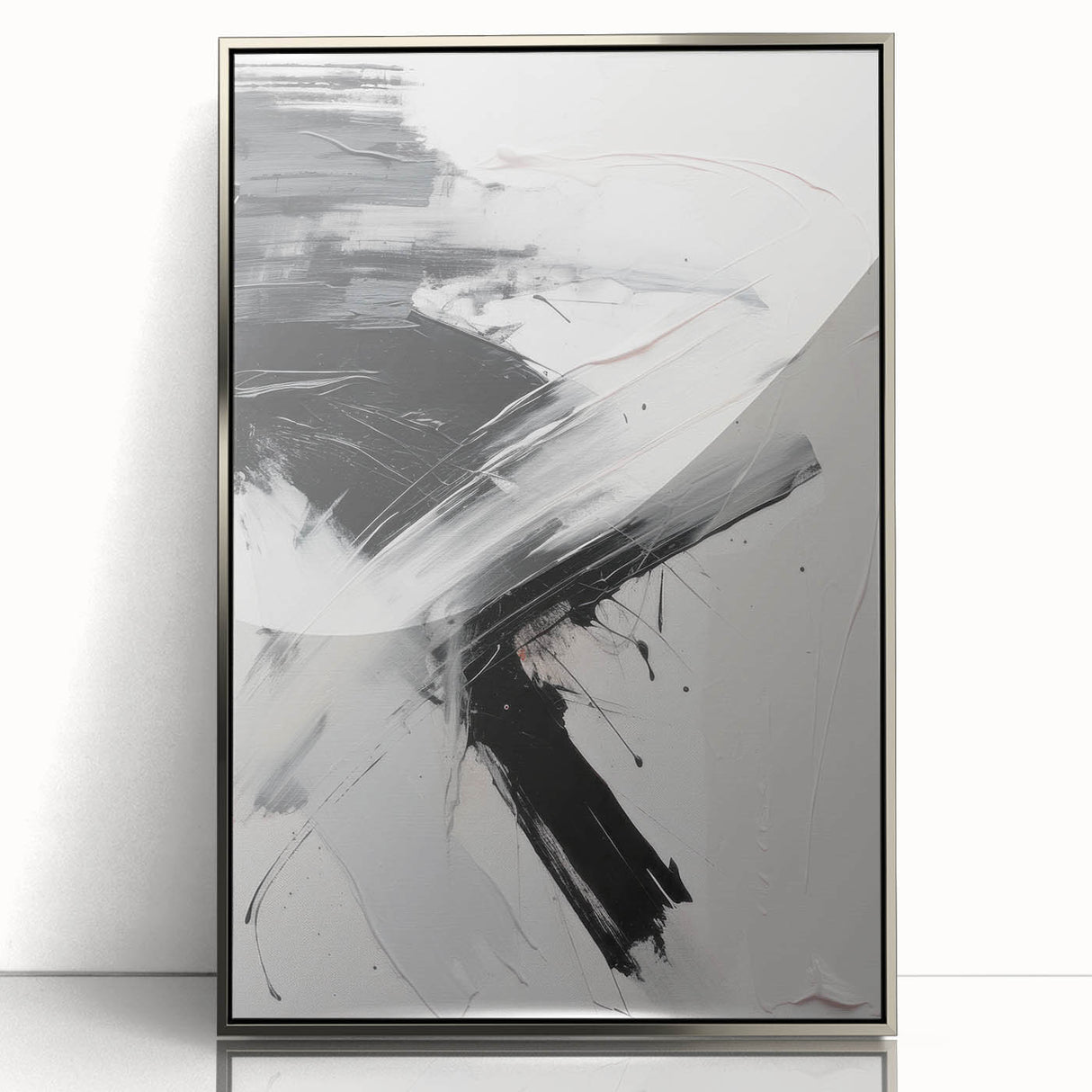 Framed abstract modern wall art featuring a silver acrylic finish, showcasing geometric patterns and vibrant colors, ideal for contemporary home decor.
