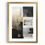 Abstract modern design wall art collection featuring a gold frame and mat, showcasing vibrant colors and geometric patterns, ideal for contemporary decor.