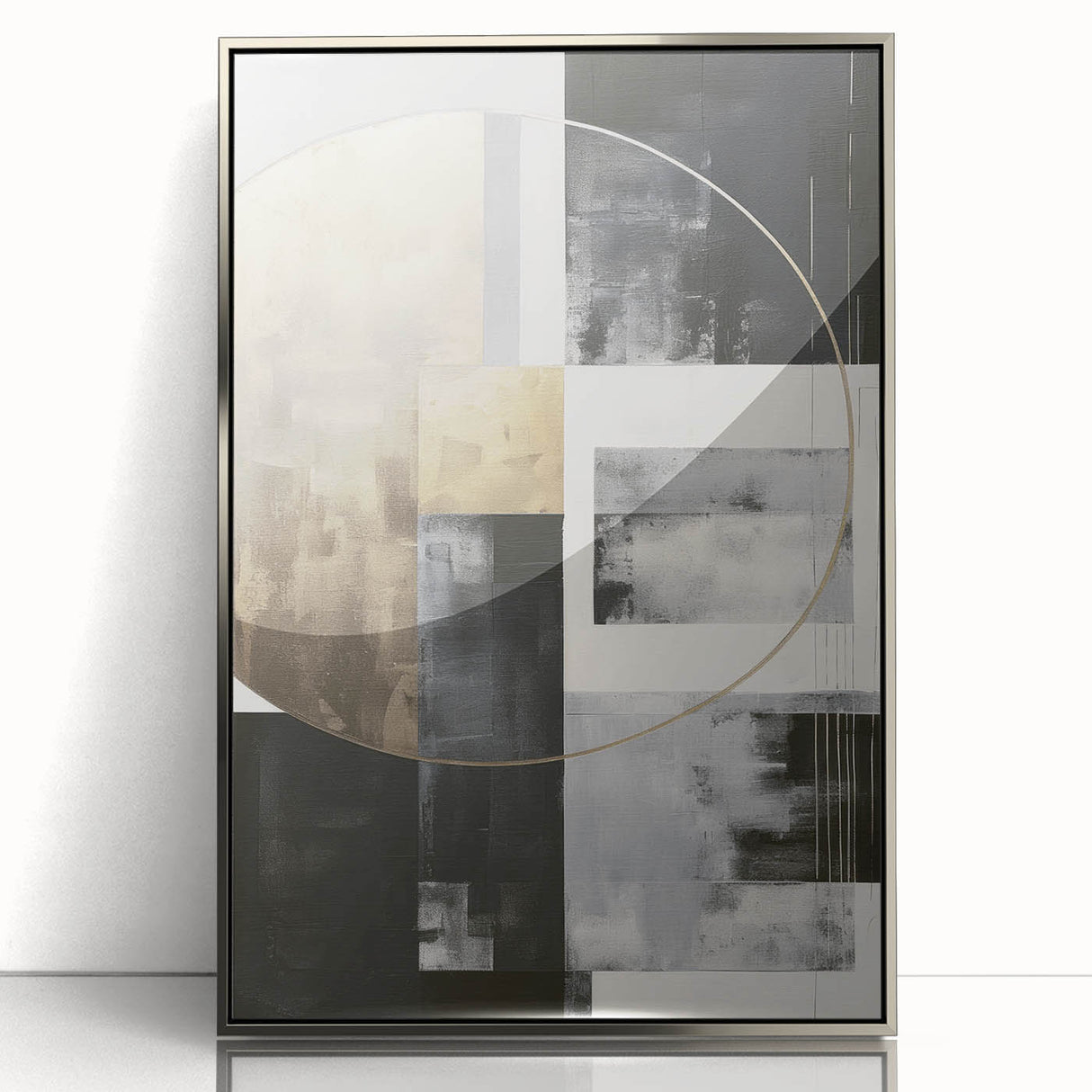 Framed abstract modern wall art design featuring a silver acrylic front, showcasing geometric shapes and vibrant colors, ideal for contemporary home decor.