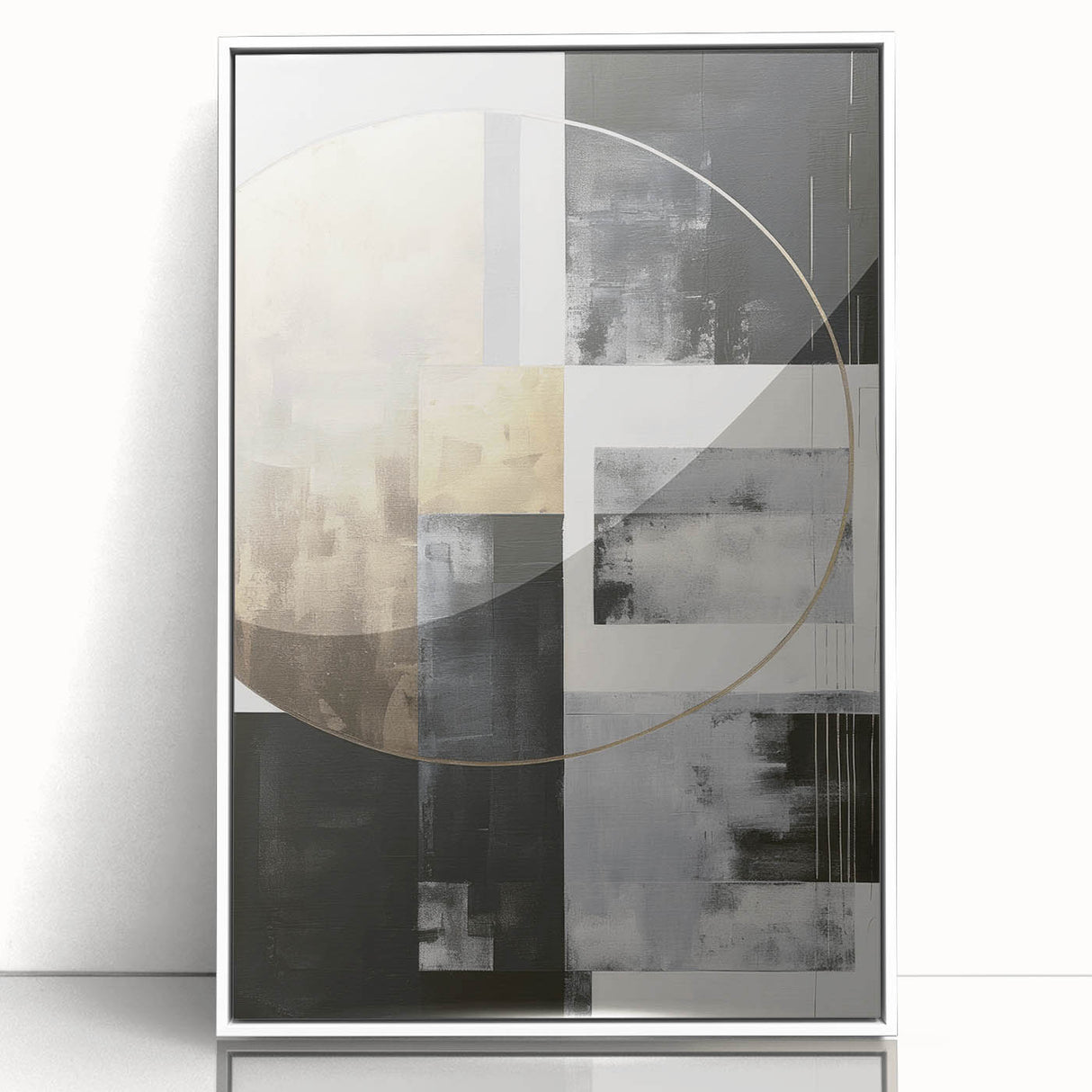 Framed abstract modern design wall art featuring bold colors and geometric shapes, displayed against a white background, ideal for contemporary decor.