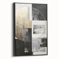 Framed canvas wall art showcasing an abstract modern design with bold black and white elements, displayed in a stylish side view, perfect for contemporary decor.