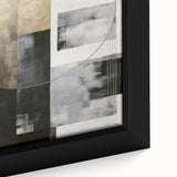 Close-up of a modern abstract wall art piece featuring vibrant colors and geometric shapes, elegantly framed for contemporary decor in living spaces.