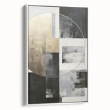 Framed abstract modern wall art showcasing a vibrant geometric design in shades of blue, yellow, and white, displayed from a side view to highlight depth and texture.