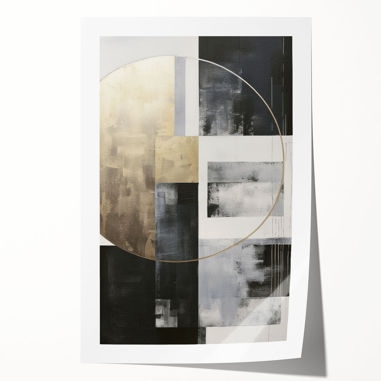 Abstract modern design wall art print showcasing vibrant colors and geometric shapes, rolled and ready for display, perfect for contemporary home decor.