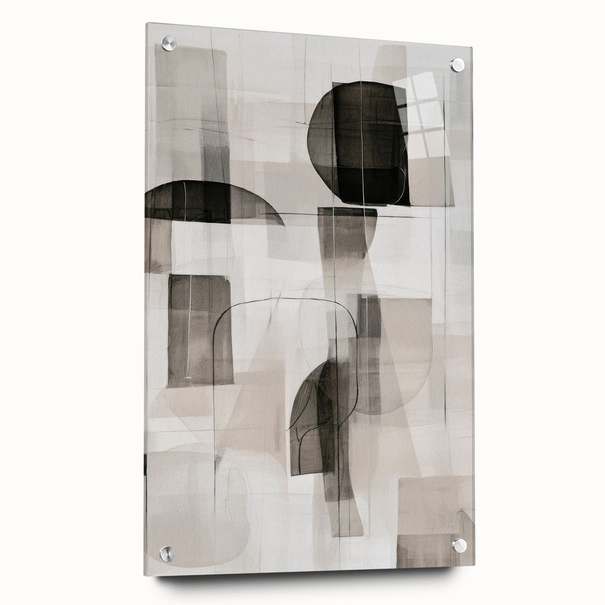 Acrylic glass wall art showcasing an abstract modern design with vibrant colors and geometric shapes, elegantly displayed on a wall with decorative pins.