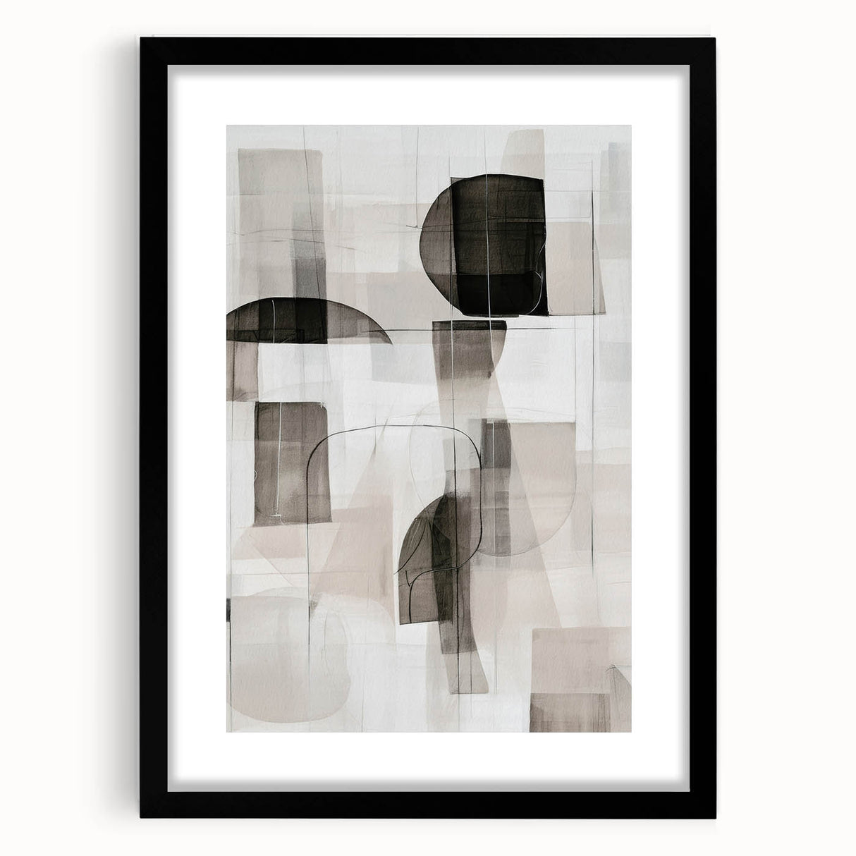 Modern abstract wall art collection featuring a black-framed piece with a mat, showcasing geometric designs that add sophistication to home decor.