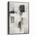 Framed abstract modern wall art in black, showcasing geometric patterns and vibrant colors, presented from a side view to highlight its depth and texture.