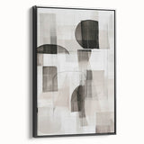 Framed abstract modern wall art in black, showcasing geometric patterns and vibrant colors, presented from a side view to highlight its depth and texture.