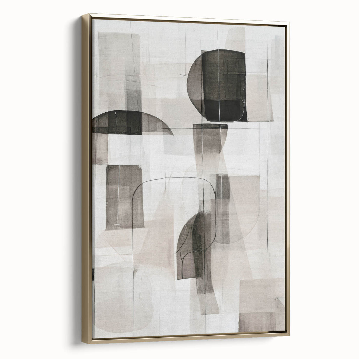 Framed canvas wall art showcasing an abstract modern design with gold accents, set against a minimalist backdrop, ideal for contemporary home decor.