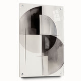 Abstract modern wall art collection displayed in a side view, showcasing vibrant colors and geometric shapes, framed with acrylic glass and mounted with pins.