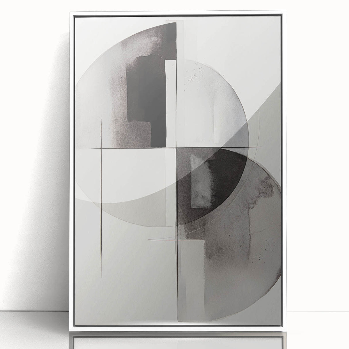 Framed abstract modern wall art featuring a vibrant color palette, geometric shapes, and a sleek white frame, perfect for contemporary home decor.