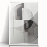 Framed abstract modern wall art featuring a vibrant color palette, geometric shapes, and a sleek white frame, perfect for contemporary home decor.