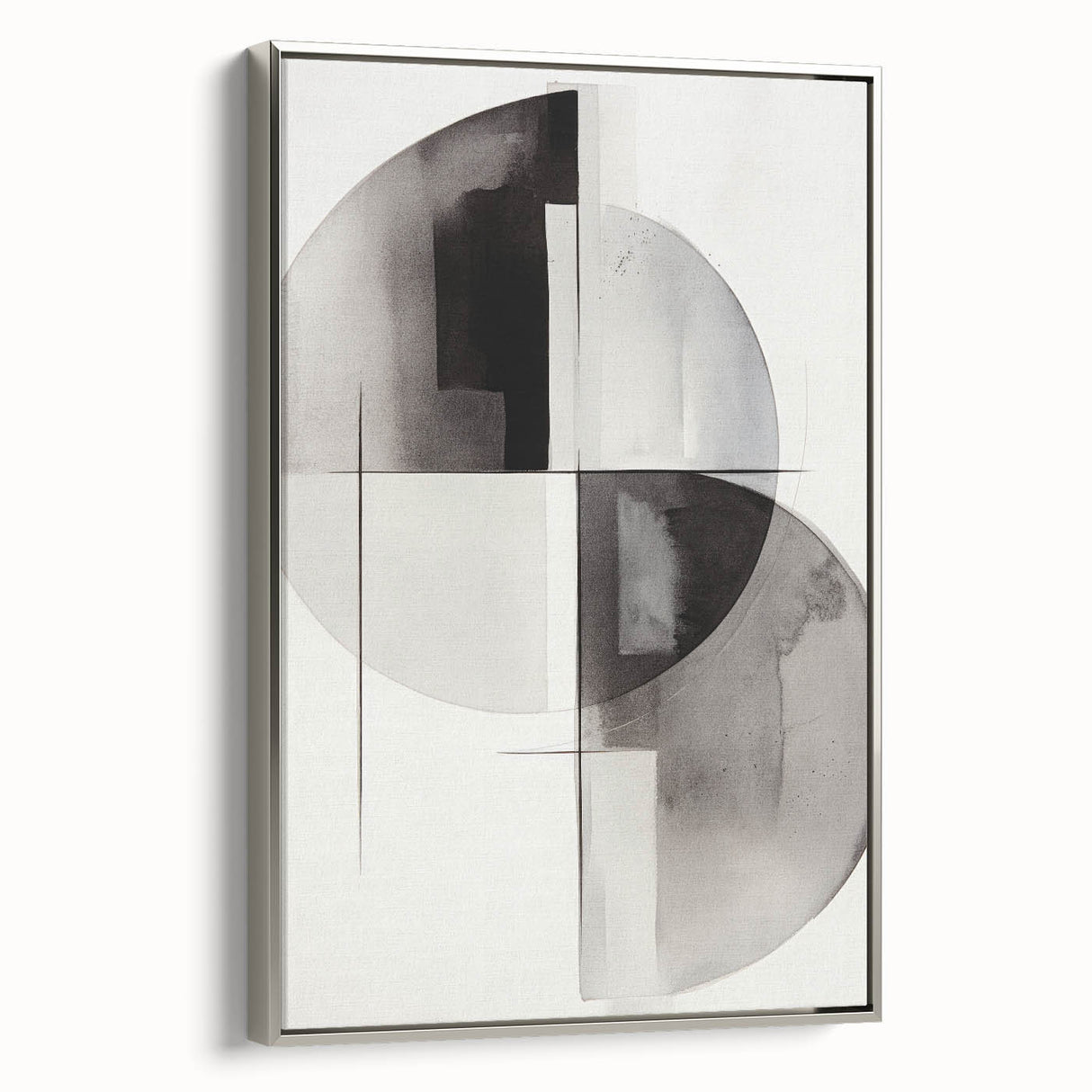 Framed canvas wall art featuring an abstract modern design with silver accents, showcasing a sleek side view that enhances contemporary decor aesthetics. Ideal for stylish home or office interiors.