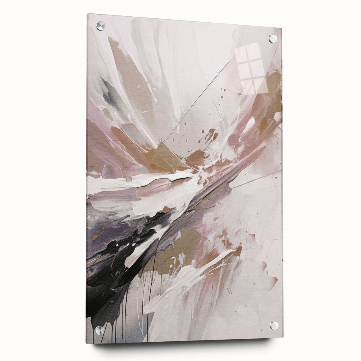 Acrylic glass wall art piece showcasing an abstract modern design with vibrant colors and intricate patterns, displayed from the side and secured with pins, ideal for contemporary home decor.
