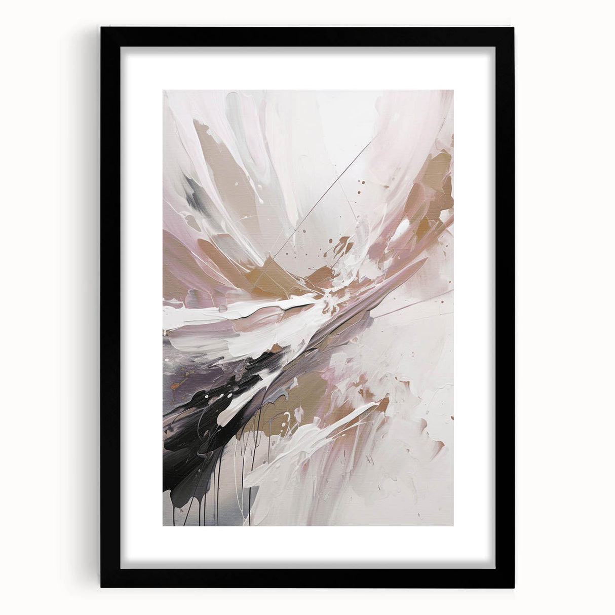Abstract modern wall art collection featuring a sleek black frame and mat, showcasing vibrant geometric designs that enhance contemporary decor aesthetics.