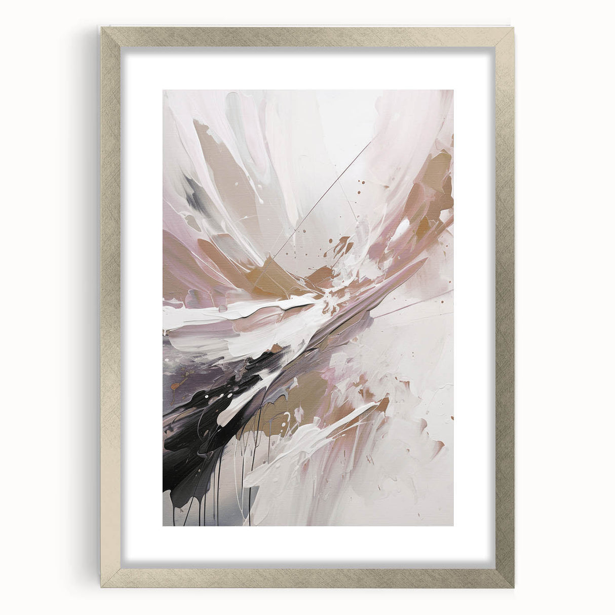 Abstract modern wall art collection featuring a silver-framed design with a mat, showcasing geometric patterns and vibrant colors to enhance contemporary decor.