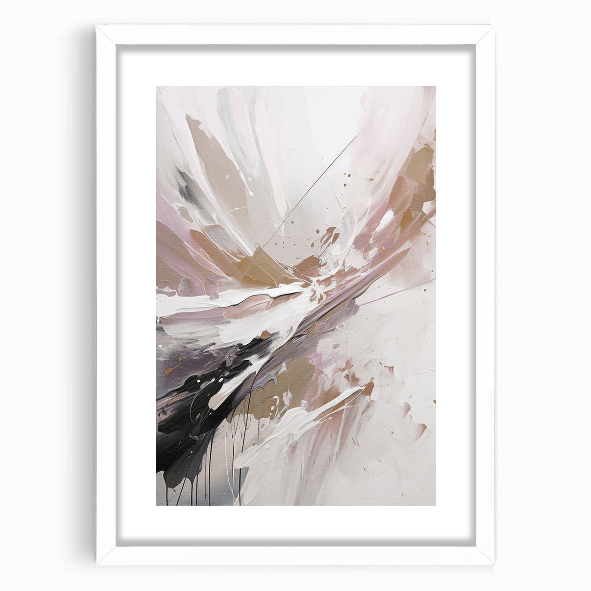 Abstract modern wall art collection featuring a framed design with a white mat, showcasing vibrant colors and geometric patterns, perfect for contemporary home decor.
