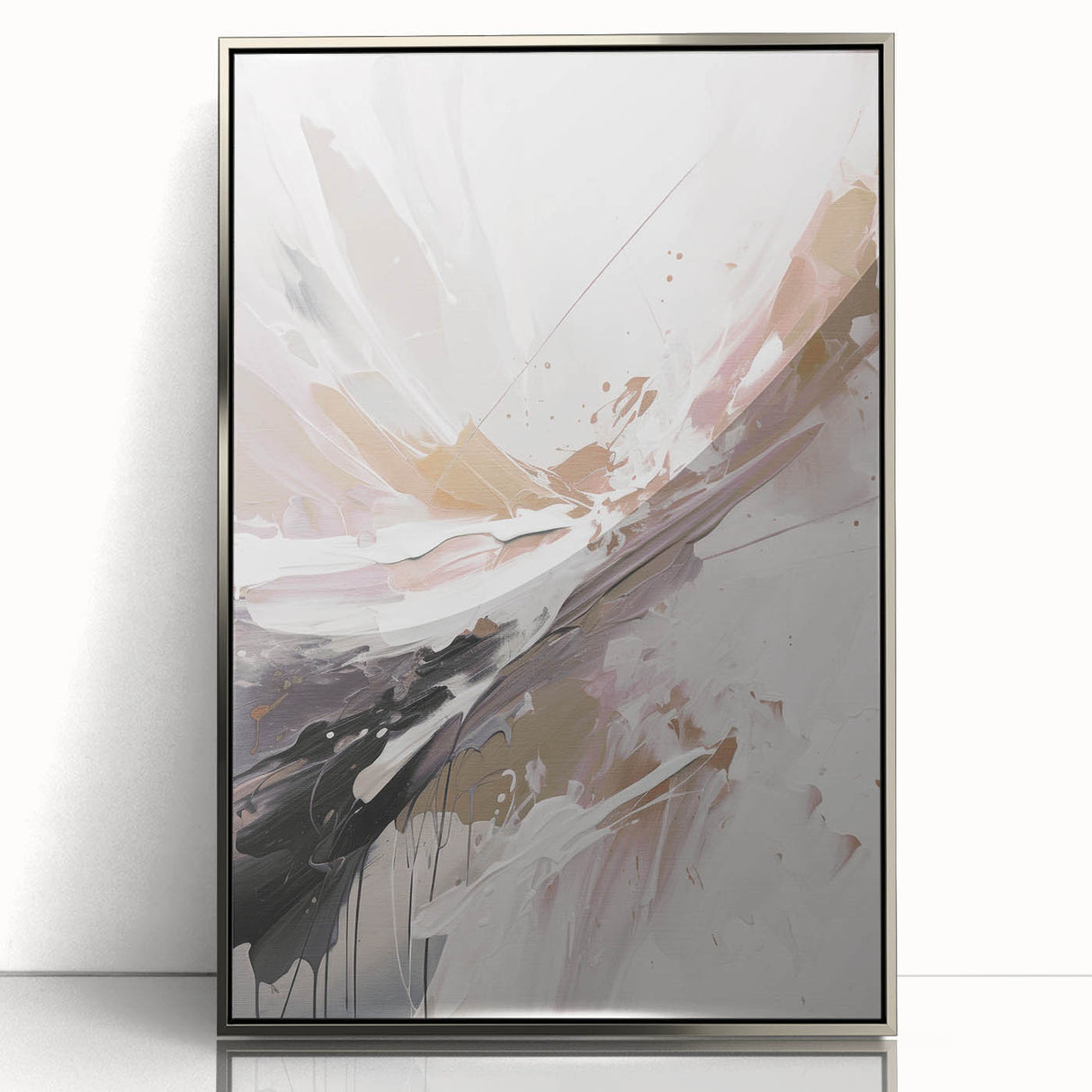 Framed modern abstract wall art featuring silver accents and intricate design, perfect for contemporary decor. The piece enhances any room with its elegant aesthetic.