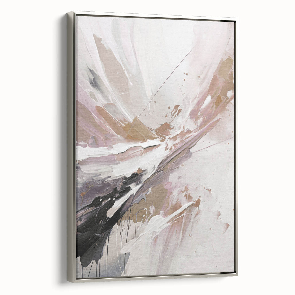 Framed abstract modern wall art showcasing a silver-toned design with geometric patterns, ideal for contemporary home decor. Side view highlights the sleek frame and canvas texture, perfect for adding elegance to living spaces.