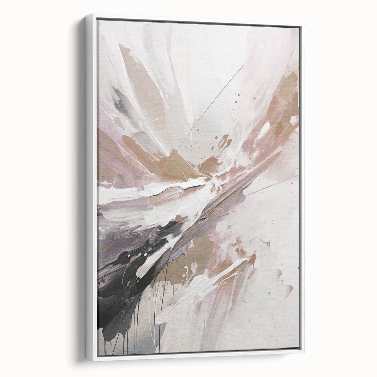 Framed modern abstract wall art featuring vibrant colors and geometric shapes, displayed in a stylish white frame, ideal for contemporary home decor.