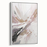 Framed modern abstract wall art featuring vibrant colors and geometric shapes, displayed in a stylish white frame, ideal for contemporary home decor.