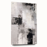 Abstract modern wall art collection displayed in acrylic glass, showcasing vibrant colors and geometric patterns, secured with pins for a sleek presentation.