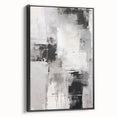 Framed abstract modern wall art featuring a black and white design, displayed from a side view, perfect for contemporary home decor. The canvas adds a stylish touch to any room.