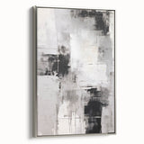 Framed abstract modern wall art collection in silver, showcasing vibrant colors and geometric patterns, ideal for contemporary home decor. Side view highlights the canvas's texture and stylish frame, perfect for enhancing any living space.
