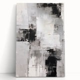 Abstract modern wall art collection featuring vibrant, colorful geometric patterns on stretched canvas, elegantly leaning against a wall, perfect for contemporary decor.