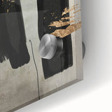 Close-up of an abstract modern wall art piece showcasing vibrant colors and geometric shapes, printed on acrylic glass, ideal for contemporary decor.