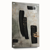 Abstract modern wall art collection displayed in acrylic glass, showcasing vibrant colors and geometric patterns. Side view highlights pin mounting for easy installation.