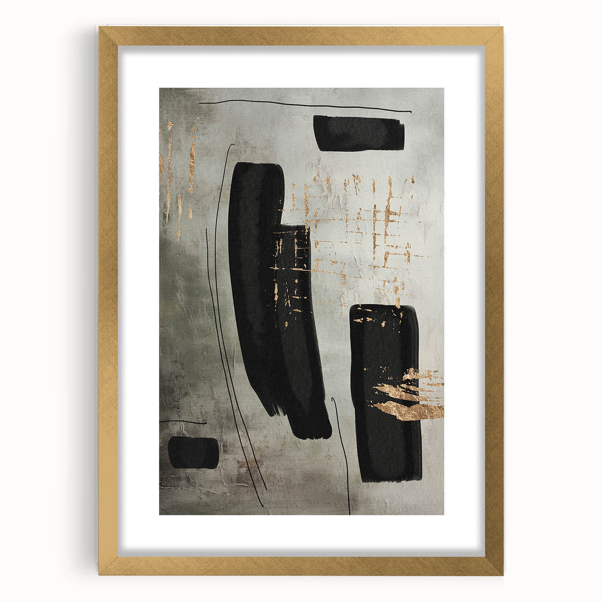 Abstract modern wall art design featuring a gold frame with a mat, showcasing geometric shapes and vibrant colors, ideal for contemporary home decor.
