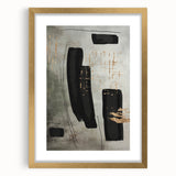 Abstract modern wall art design featuring a gold frame with a mat, showcasing geometric shapes and vibrant colors, ideal for contemporary home decor.