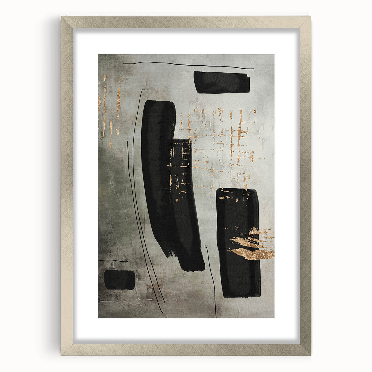 Abstract modern wall art collection featuring a silver-framed piece with a mat, showcasing vibrant geometric patterns and colors, ideal for contemporary home decor.
