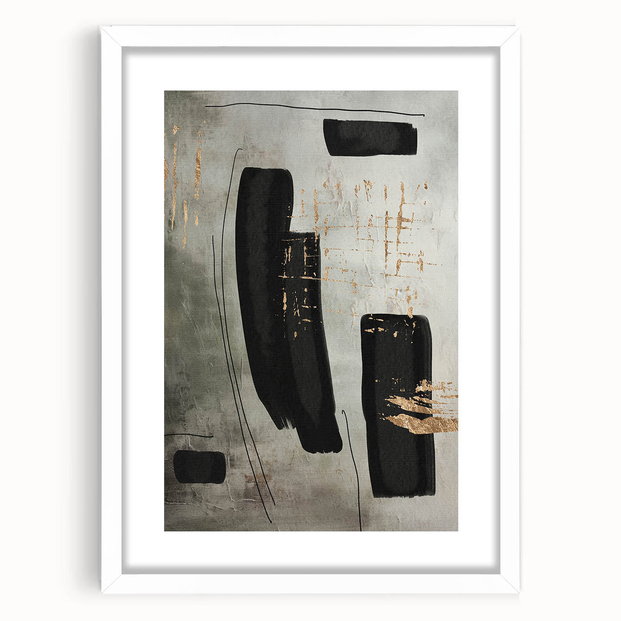 Abstract modern wall art collection framed in white with a mat, showcasing geometric patterns and vibrant colors, perfect for contemporary home decor.